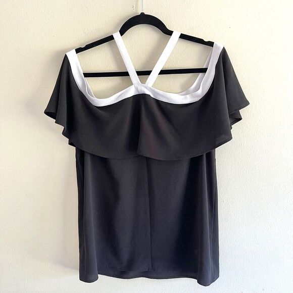 Vince Camuto Off Shoulders Black Top Womens Size M White Bow Halter Neck Flutter - Picture 4 of 8
